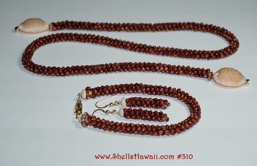 Matching set lei, earrings, bracelet of burgundy Kahelelani Shells #310