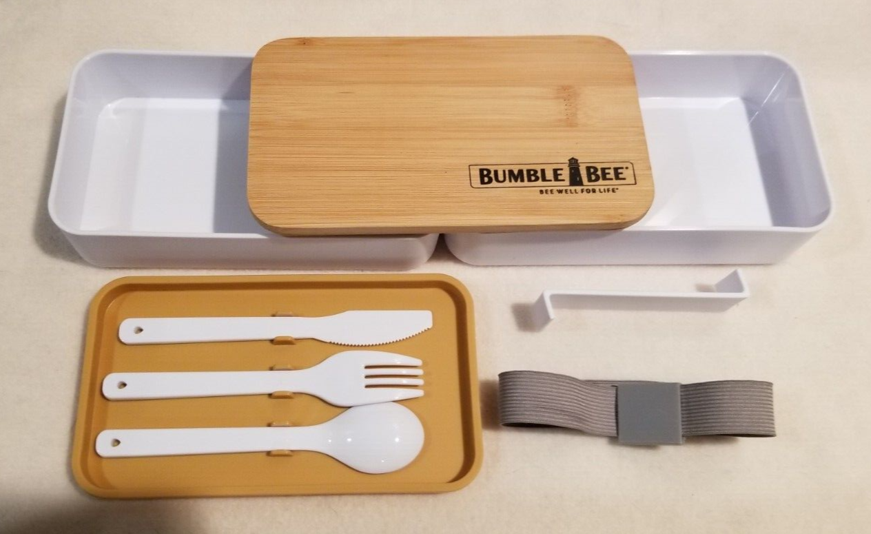 NEW BENTO BAMBOO LID PLASTIC COMPARTMENTS KNIFE, FORK & SPOON 7.5