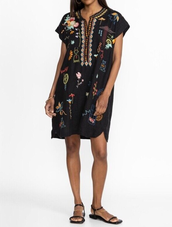 Pre-owned Johnny Was Lemona Dress Floral Embroidery Linen Black Button Front Flowers