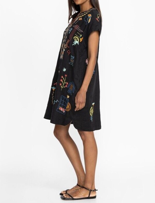 Pre-owned Johnny Was Lemona Dress Floral Embroidery Linen Black Button Front Flowers