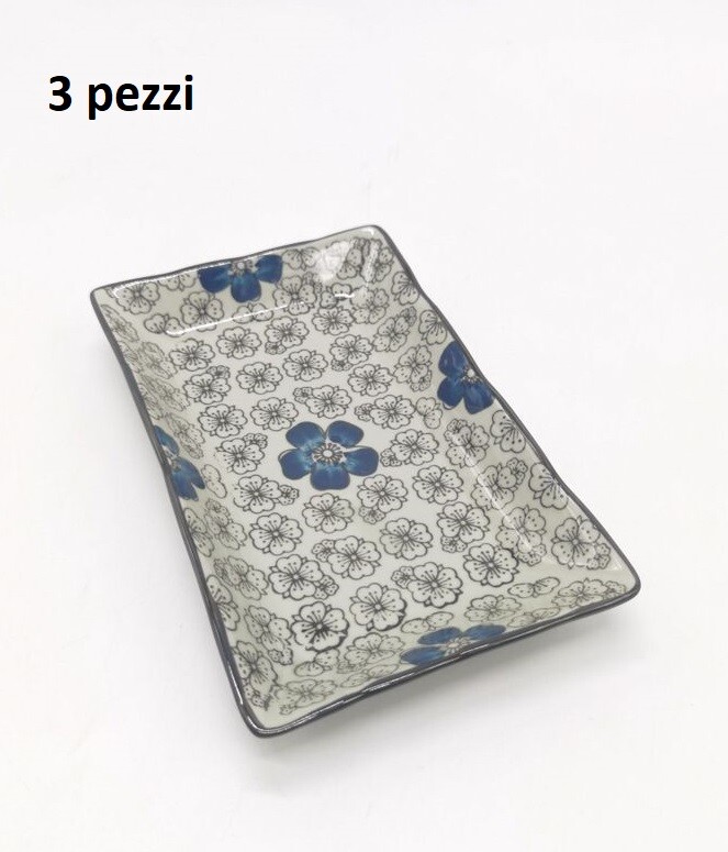 Set 3 Pezzi Piatto Rettangolare 13x21cm Ceramica Orientale Fiori Blu bal