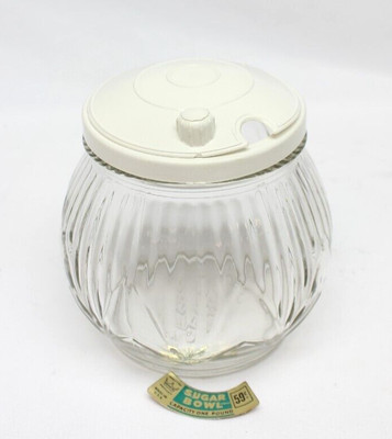 RARE Vintage Gemco 1lb. Glass Sugar Bowl w Ivory Flip-Top Lid 4.5''T USA NOS (PH)