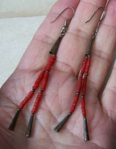 Vintage Navajo made Earrings-coral seedBeads with sterling silver cones-LOOK!