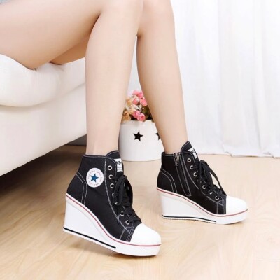 Max Star Women 7/38 Converse Style Canvas Platform Sneaker, 3'' Wedge Heel Bootie