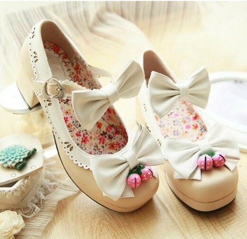 Womens Decorate Pom Poms Lolita Style Block Pump Sandals Round Toe