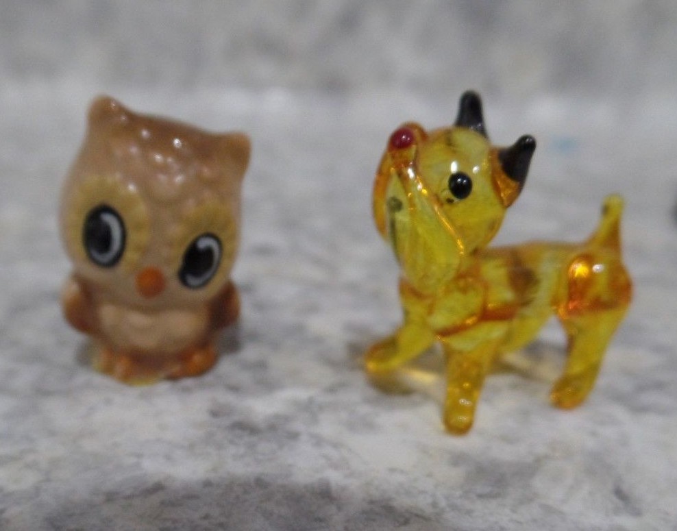 Lot 6 Miniature Figurines Pewter, Glass, Resin, Clay, Seal, Owl, Wolf, Beaver ++