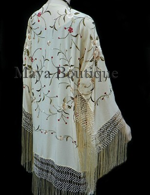Pre-owned Maya Matazaro Silk Embroidered Fringe Kimono Flapper Jacket Vanilla  Usa Made In White