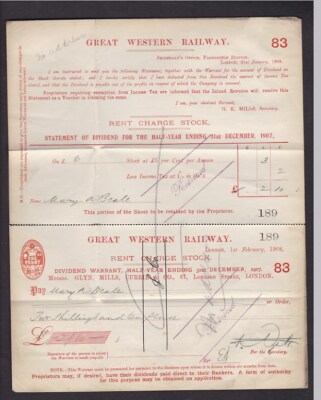 Railway GWR Dividend notice with attached cheque 1907