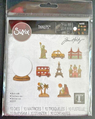Sizzix Tim Holtz Thinlits 10 Dies Tiny Travel Globe Bus Castle Taxi 664182