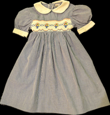 Two Friends Smocked Flower Baskets Blue Checked puff Sleeve Dress w/Tie sz 4