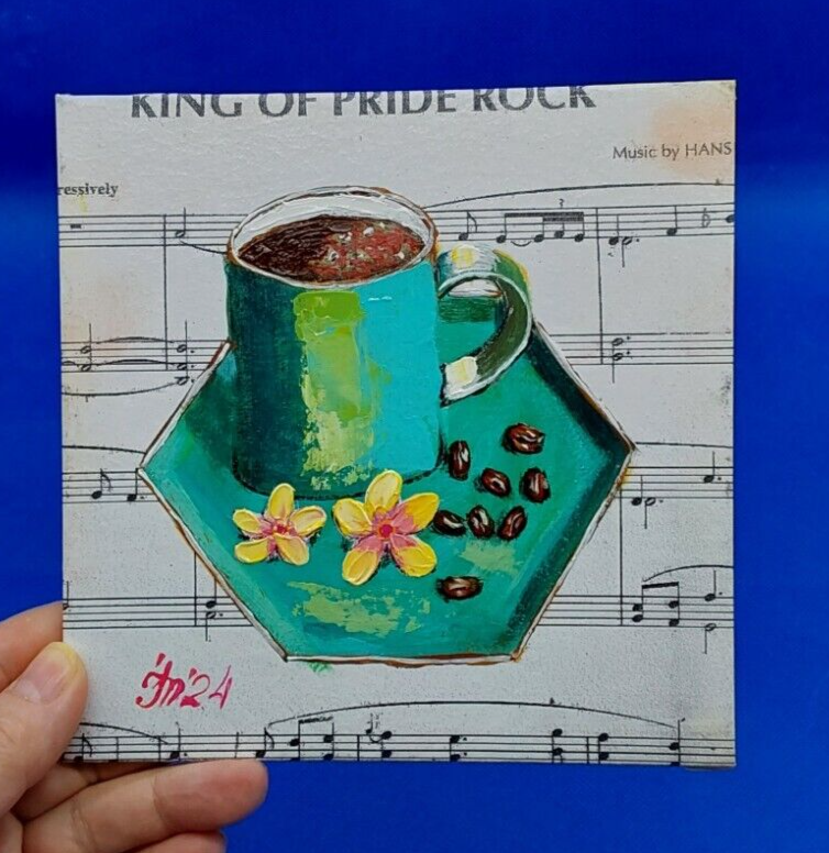 Coffee Cup 3 Original oil Painting Kitchen Decor Flowers Handmade Wall Art ooak