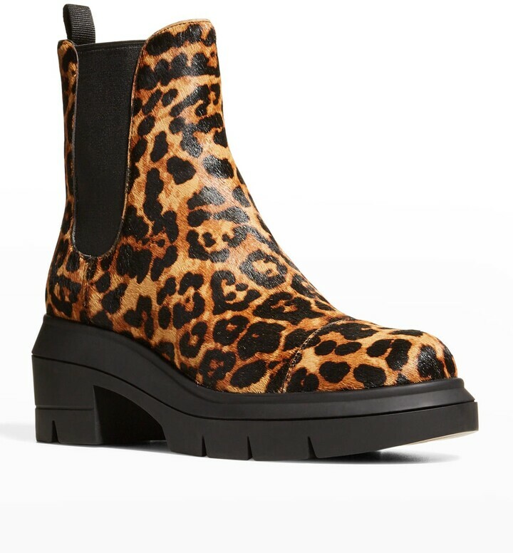 Pre-owned Stuart Weitzman Women's Norah Leopard-print Fur Chelsea Booties 6.5 C In Black