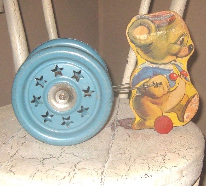 Antique Ringing Jingling 1940 Floor Pull Toy Wood  Mouse Gong Bell Toy Co