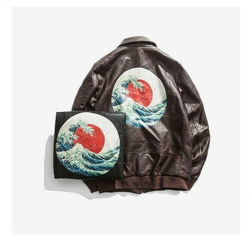 Mens Embroidery Japanese Sukajan Leather Jacket Bomber