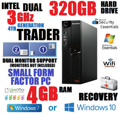  LENOVO  SMALL SFF  2-MONITOR TRADING COMPUTER 3GHz 4GB 320GB WIFI DESKTOP