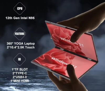 Pocket Dual Touch Screen Foldable Laptop 10.5'' 360 Intel N95 CPU FHD 1080p