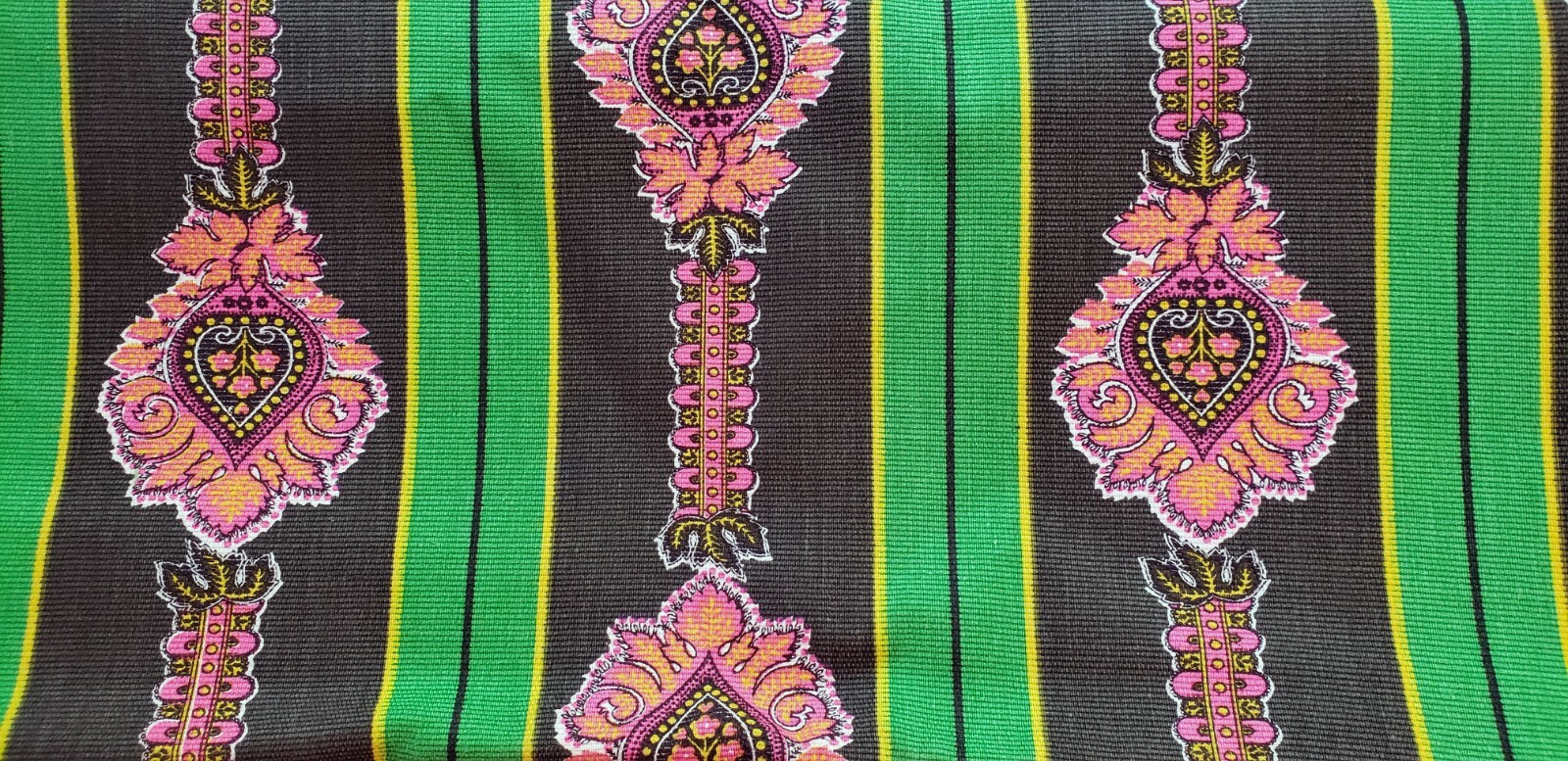 5 yards 60's Psychedelic Fabric NOS Cotton Stripes Print Green Brown Pink Uncut