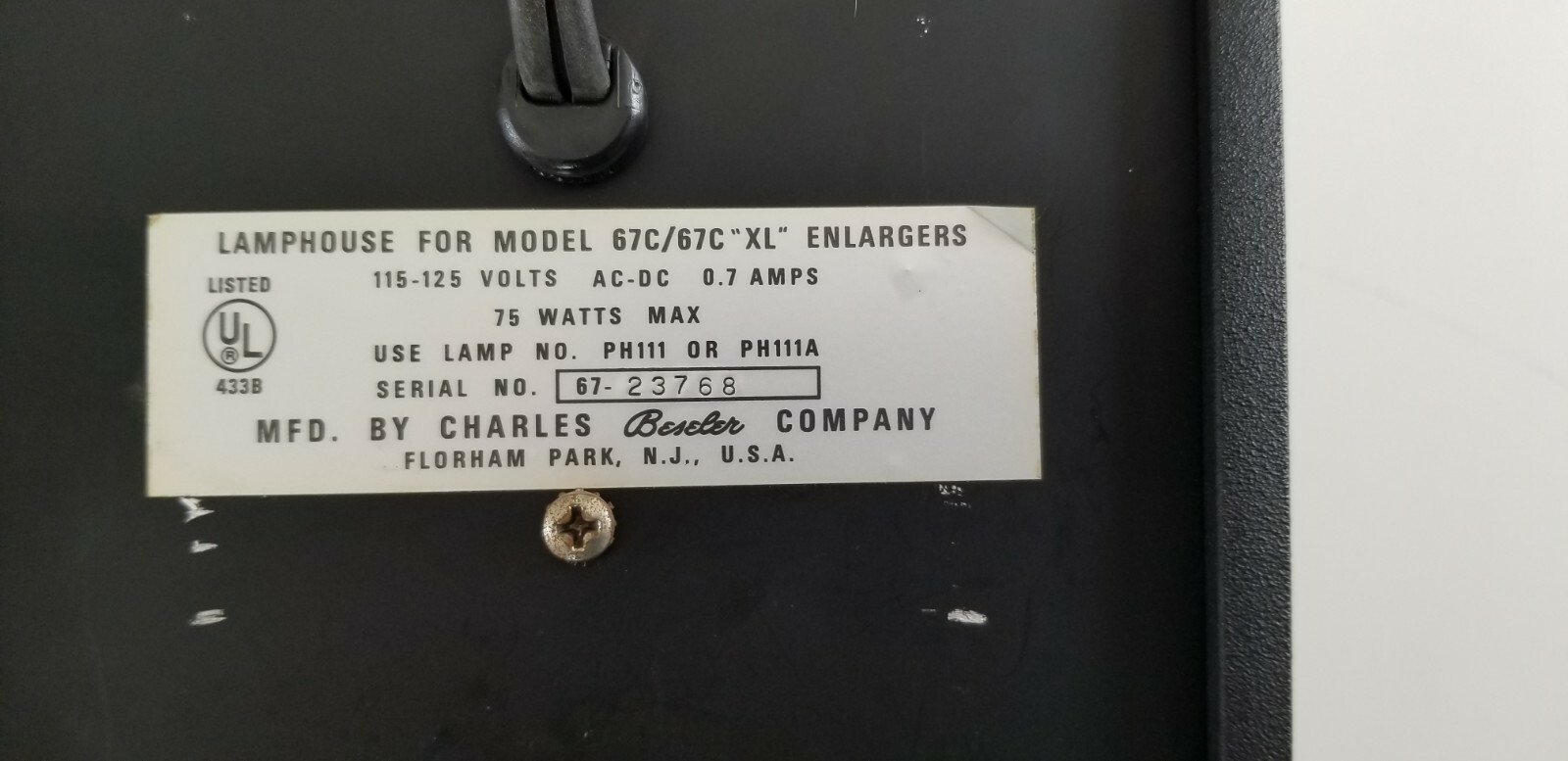 Beseler 67C Lamphouse for Model 67C/67C XL Enlargers 115-125V 0.7A 75W - Tested