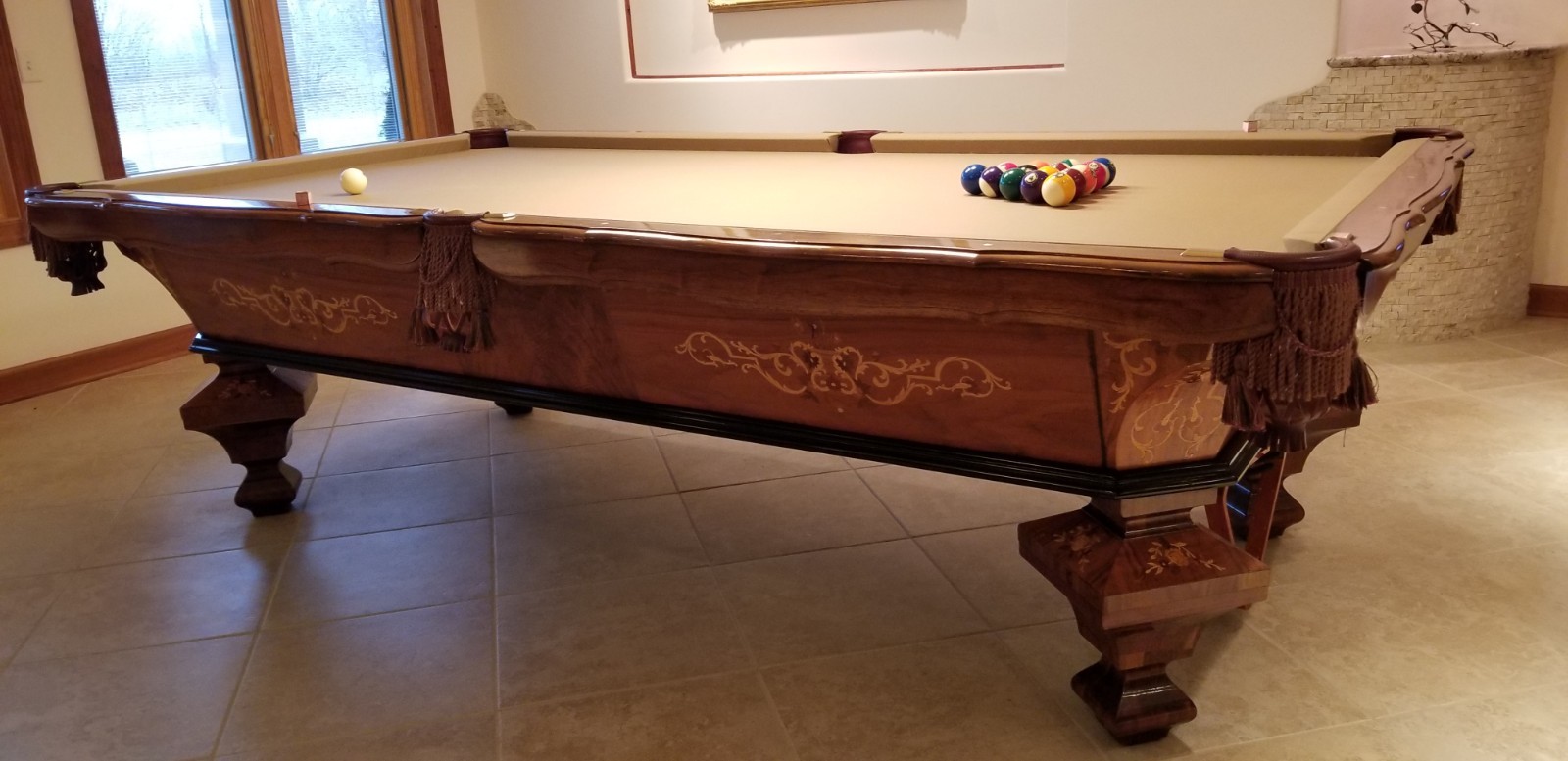 Antique Brilliant Novelty Heavy Inlay Restored 9' Pool Table Gorgeous