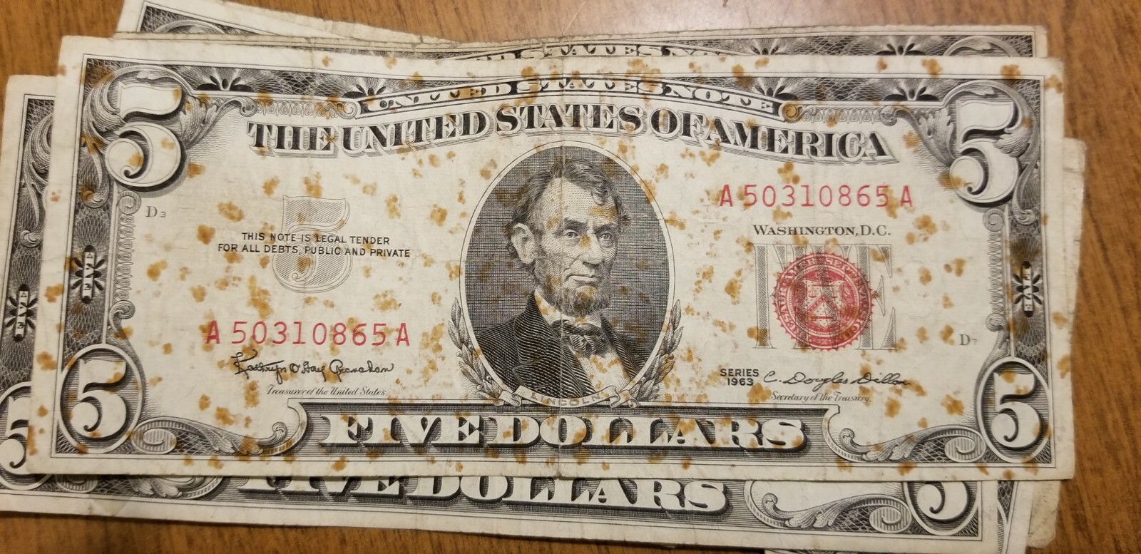 Lot of 6 Well Circulated 1953 1963 5 Dollar Bill Notes