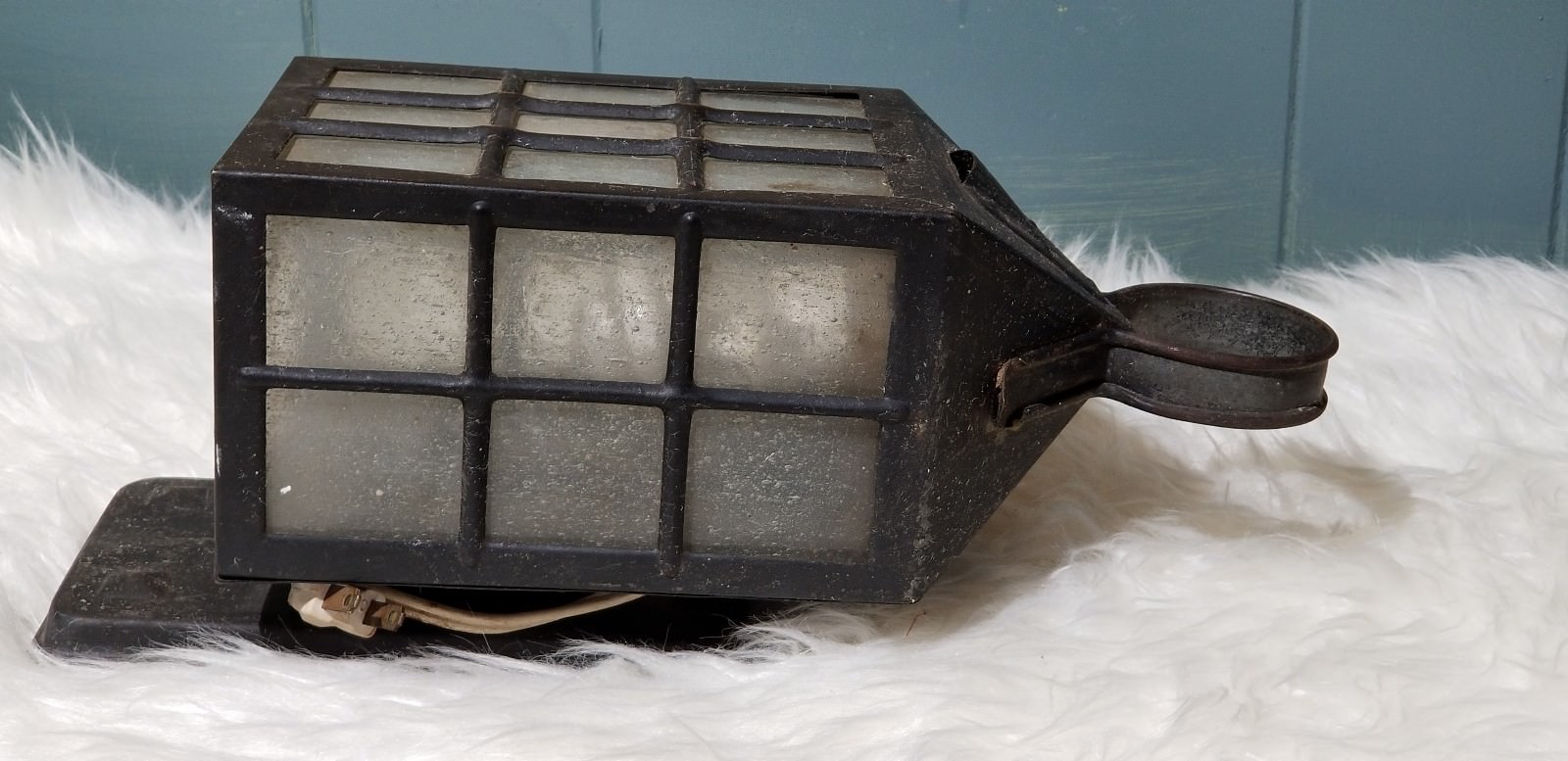 Vintage Black Glass Paneled Porch Sconce Pull Light LAMP Tudor Metal Cast?