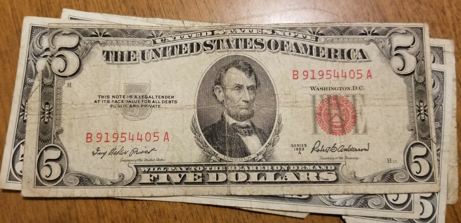 Lot of 6 Well Circulated 1953 1963 5 Dollar Bill Notes