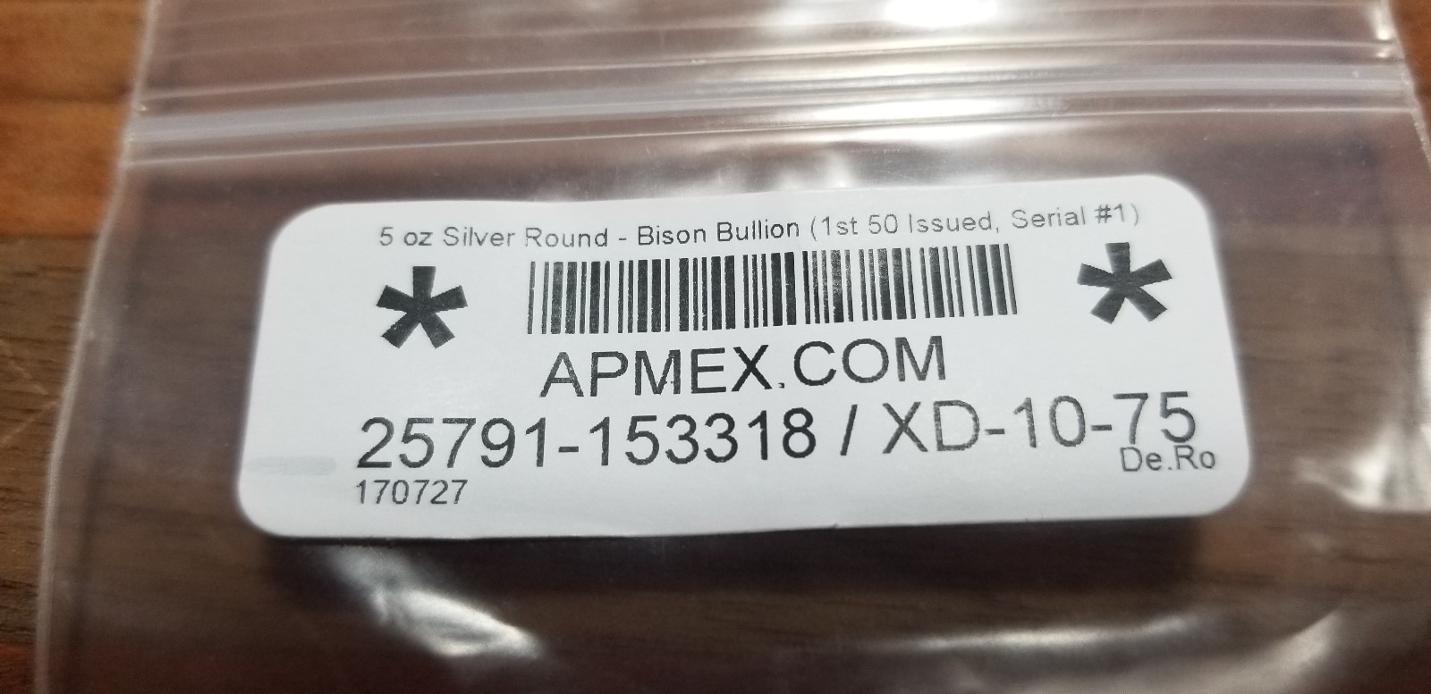 2017 Bison Bullion First 50 5oz 999 Poured Silver Round Serial #1