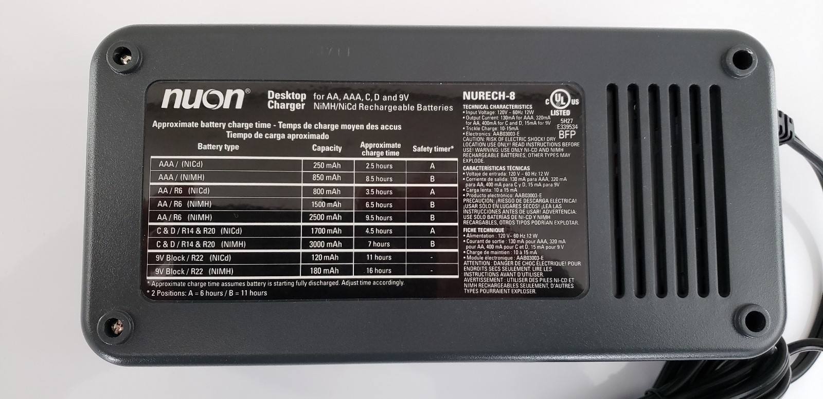 Nuon Desktop Charger Ni-cd Ni-mh Nurech-8 AA AAA C D 9v Batteries