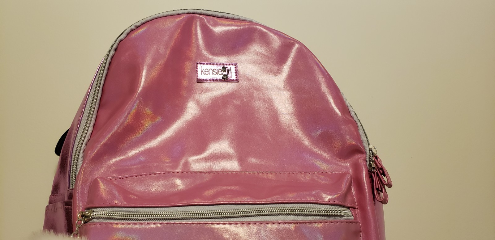 NWT Kensie Girl Faux Fur Ball Zipper Pink Metallic Adjustable Strap Backpack