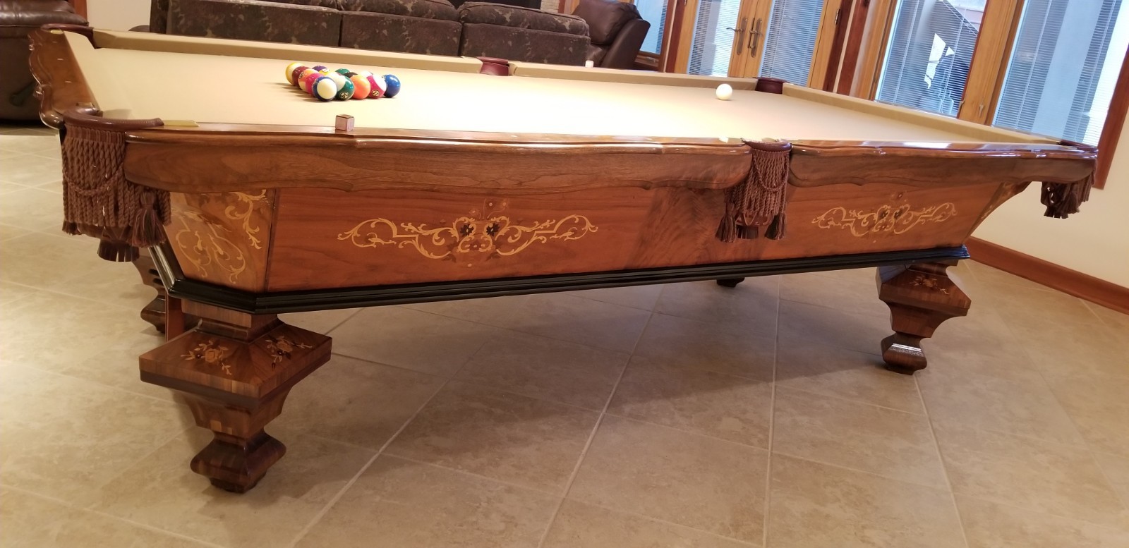 Antique Brilliant Novelty Heavy Inlay Restored 9' Pool Table Gorgeous