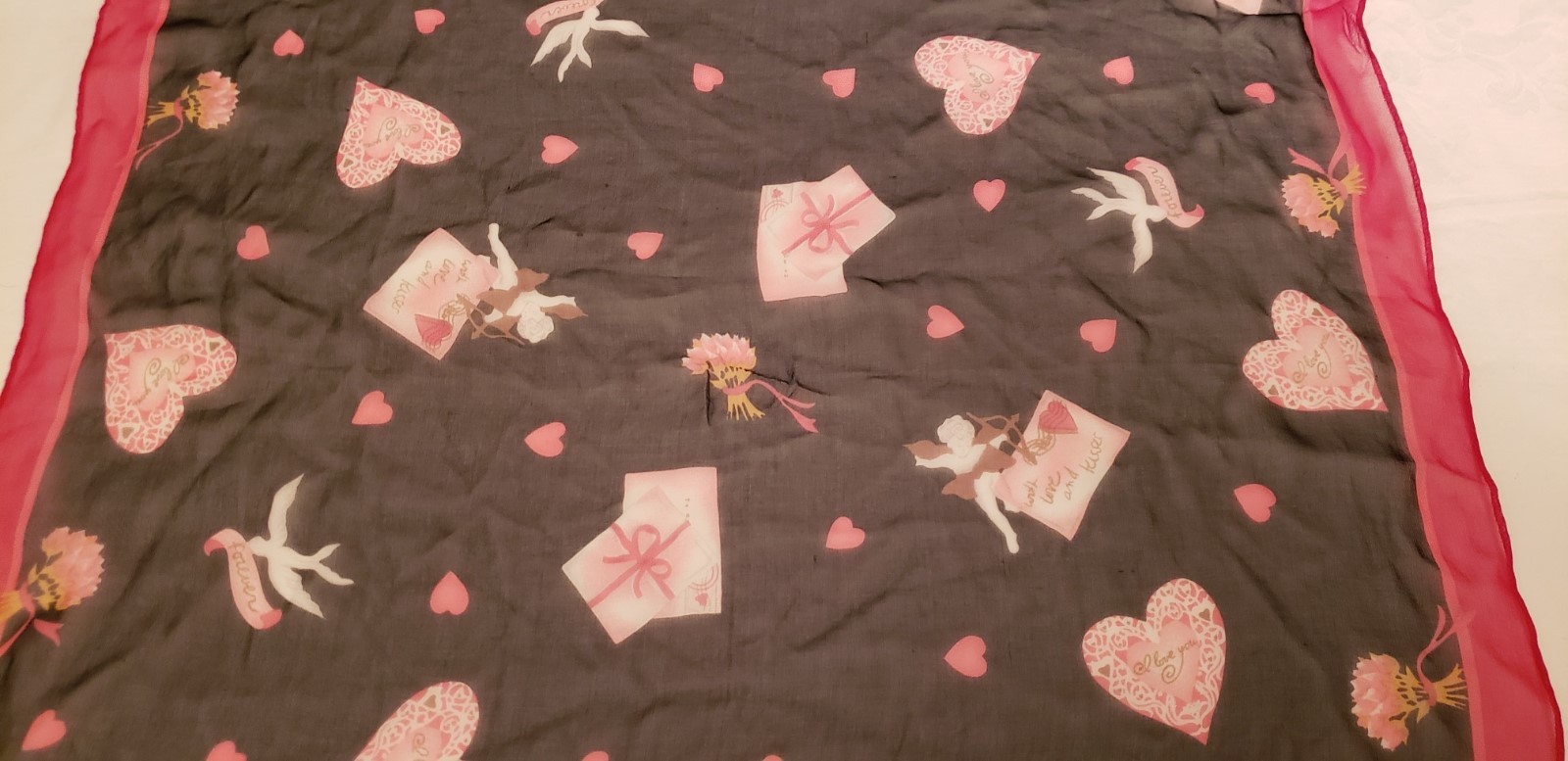 Vintage Liz Claiborne 100% Silk Scarf  Flowers Cupids Hearts Made in Korea