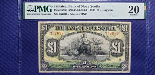 Bank of Nova Scotia #550-38-0402 1930 £1 (One Pound) Kingston, Jamaica PMG VF20