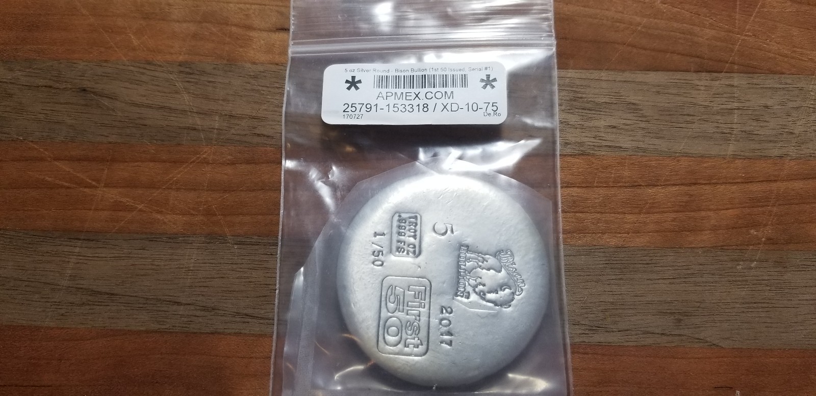 2017 Bison Bullion First 50 5oz 999 Poured Silver Round Serial #1