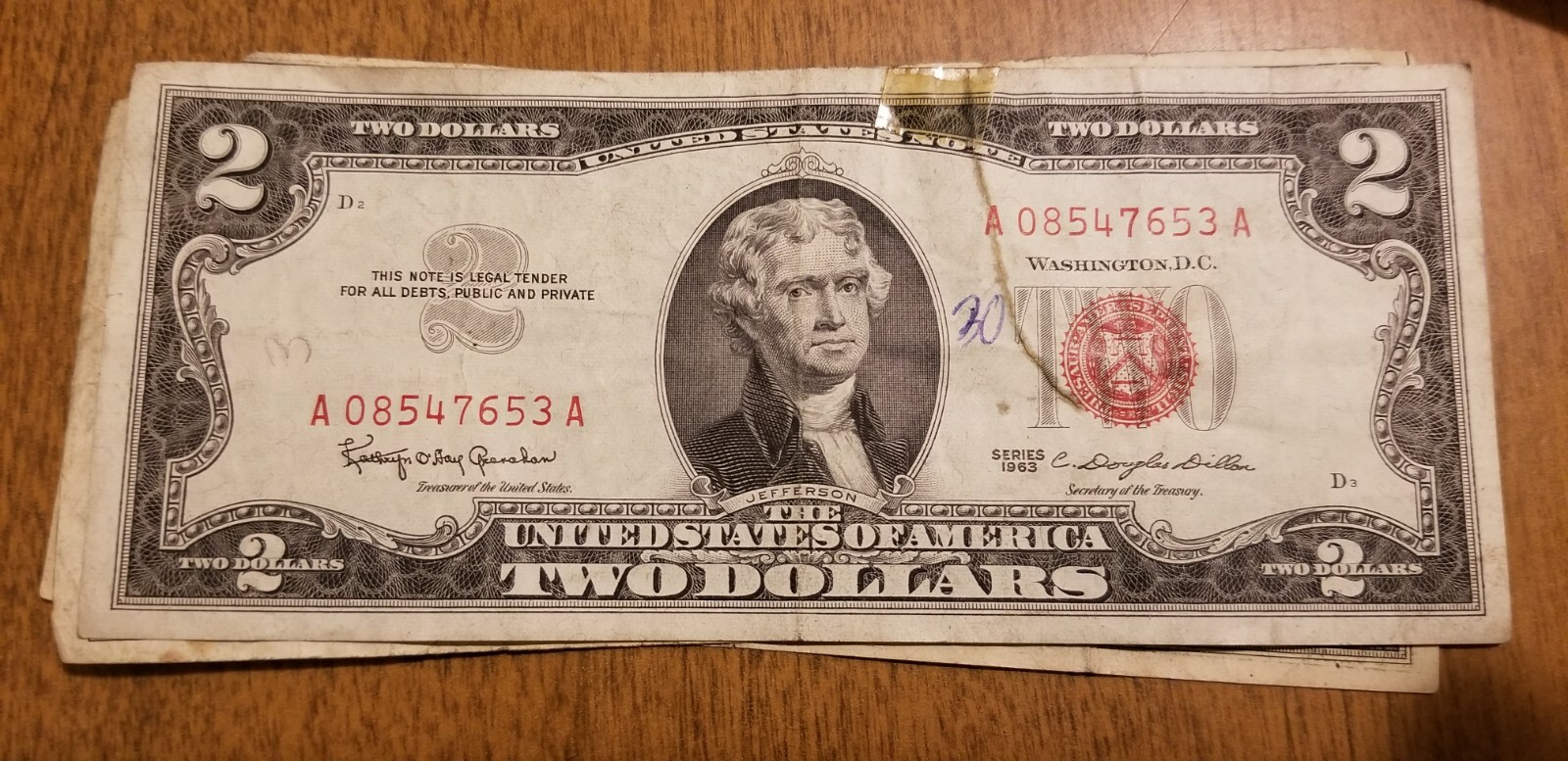 1953 or 1963 Two Dollar ($2) Well Circulated Red Seal Note