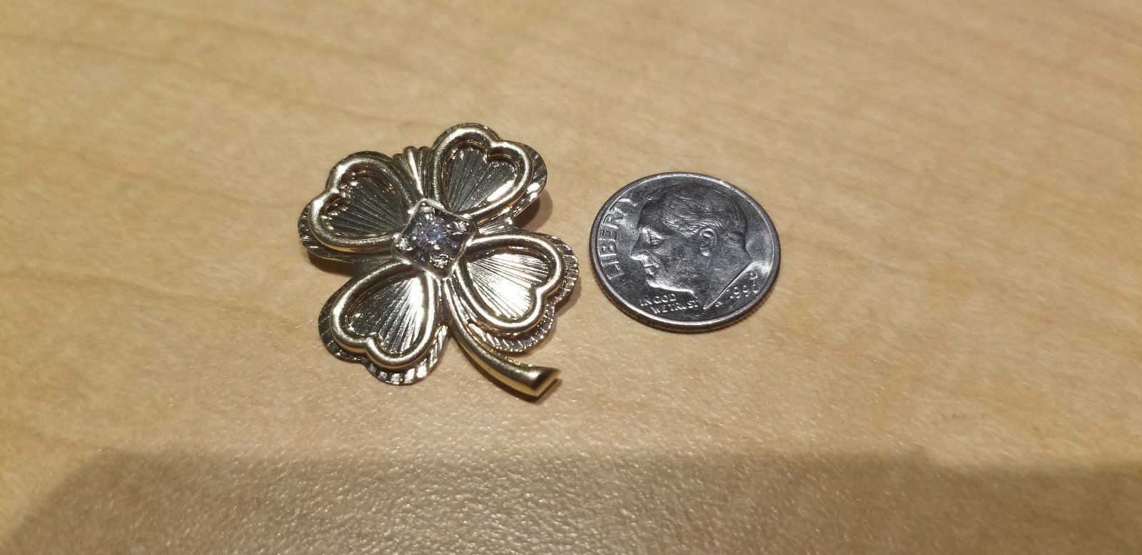 14k GOLD 4 Leaf Clover Pin *LUCKY BROACH genuine .12ct DIAMOND 7.3 g - not scrap