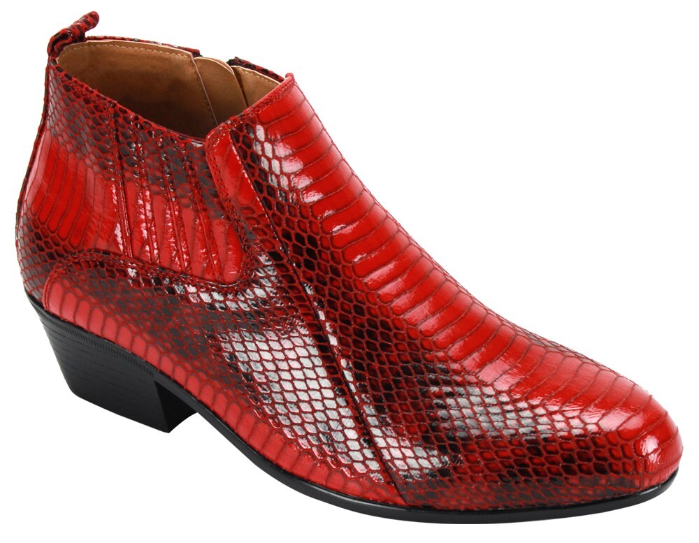 【GRANCY】l Plate Leather Shoes 42 M Men's Dress Casual Boots Cuban Heel Zipper Snake Print Red
