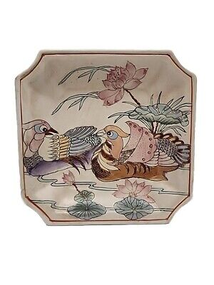 Vintage Chinese Hand Painted Dish, Mandarin Ducks Lotus. Marked Red #256