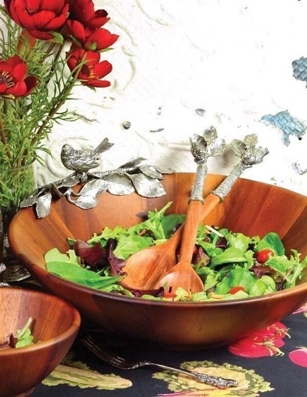 Victorian Trading Co Chickadee Acacia Wood & Pewter Salad Serving Utencils