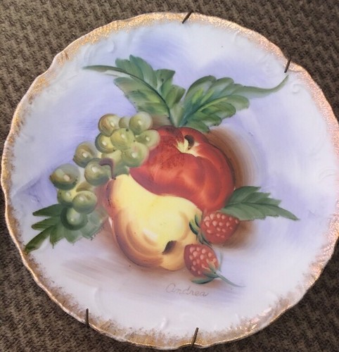 2 Lefton PLATES Fruit Pear Cherries Hand Painted Gold Trim Wall Decor Vintage