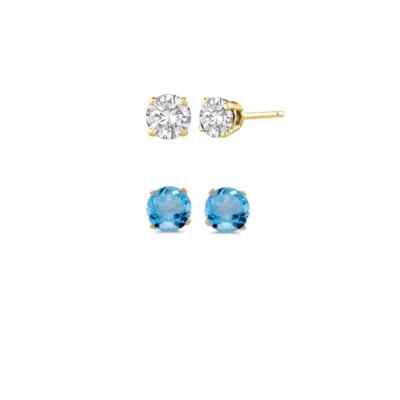 24k Yellow Gold Plated 4Ct Created White And Blue Topaz CZ 2 Pair Round Earrings