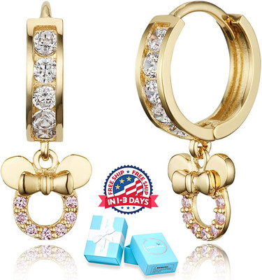 Aretes Pendientes,oro 14K Lindo ratón de latón circonia cúbica regalo para niñas