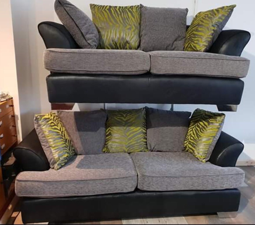 Dfs Black Leather Sofa Grey Fabric Cushions Brand