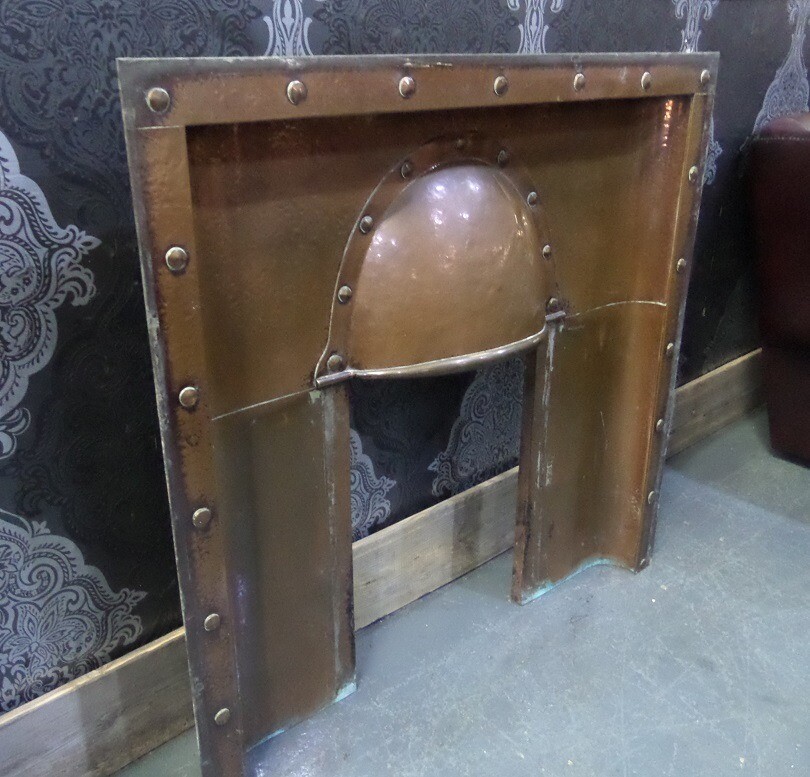 Stunning Vintage Gothic Copper Fire Back Plate Studded Fireplace Uk