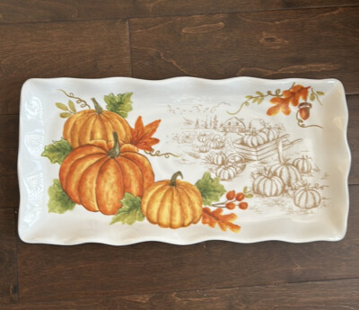 New Pumpkin Fall Leaves Thanksgiving Serving Platter Ceramic Autumn