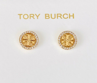 Auth NEW Tory Burch Circle Pav Double T Logo Stud Earrings Tag