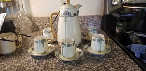 Vintage Silesia Purple Pink Green Floral Tea Coffee Pot Six Cups Five Saucers