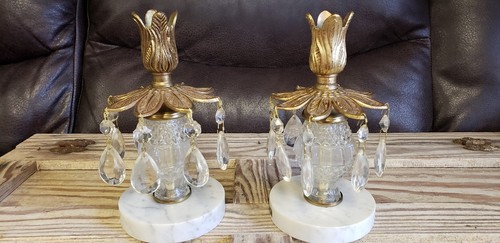 Vtg Pair marble base candle stick holders dangle prisms Italy Romania