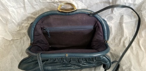 Vintage Etra Navy Blue Leather Purse, Goldtone Hardware, Delicate Shoulder Strap