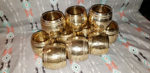 Set Of 10 Hammered Heavy Barrel Brass Napkin Rings w/Double Beaded Edge Details