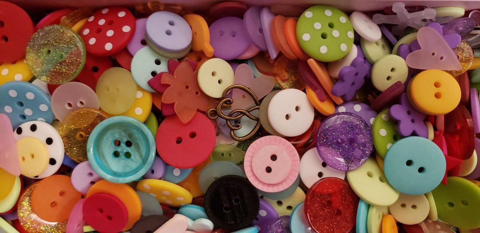 Beautiful box full of bright sparkly polka dotted BUTTONS most are by DoodleBug!